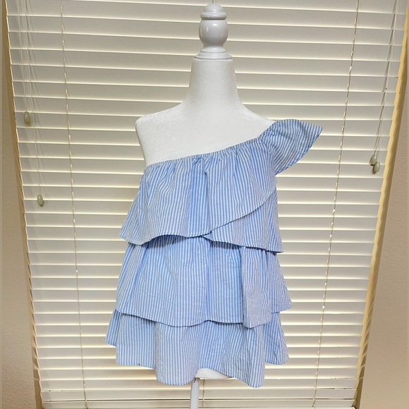 Super Cute ‘BiBi’ Blue White Stripe Gingham One Shoulder Top- Small - Picture 8 of 15